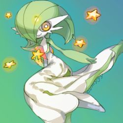 Rule 34 | 1girl, aqua background, artist name, bob cut, bright pupils, colored skin, creatures (company), female focus, flat chest, full body, game freak, gardevoir, gen 3 pokemon, glowing, gradient background, green hair, green skin, hair over one eye, hand up, happy, holding, holding star, looking at viewer, lowres, multicolored skin, nintendo, one eye covered, oyama yoihaya, parted lips, pokemon, pokemon (creature), red eyes, short hair, signature, simple background, smile, solo, star (symbol), two-tone skin, white pupils, white skin