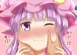 Rule 34 | 1girl, blue ribbon, blunt bangs, blush, commentary request, crescent, crescent pin, hands on another&#039;s cheeks, hands on another&#039;s face, hat, hat ribbon, holding hands, looking at viewer, mob cap, one eye closed, patchouli knowledge, pink background, puffy cheeks, purple eyes, purple hair, ram hachimin, red ribbon, ribbon, simple background, touhou, translation request, upper body