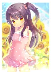 Rule 34 | 1girl, adachi tenka, bare arms, bare shoulders, black hair, blurry, blurry background, blush, breasts, child, closed mouth, commission, cube hair ornament, depth of field, dress, flower, frilled dress, frills, hair between eyes, hair ornament, kou hiyoyo, long hair, looking at viewer, one side up, pink dress, polka dot, polka dot dress, red eyes, shoujo ramune, sidelocks, sleeveless, sleeveless dress, small breasts, solo, sunflower, very long hair, yellow flower