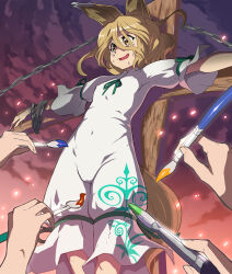 Rule 34 | 1girl, 4others, animal ears, blonde hair, brown eyes, chain, chained, covered erect nipples, covered navel, crucifixion, crying, crying with eyes open, execution, fox ears, fox girl, fox tail, green ribbon, highres, holding, holding brush, holding paintbrush, kudamaki tsukasa, light brown hair, multiple others, open mouth, outdoors, paintbrush, restrained, ribbon, romper, short hair, syope, tail, tears, touhou, white romper