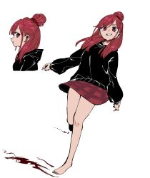 Rule 34 | 1girl, adapted costume, bare legs, barefoot, black hoodie, breasts, commentary request, dutch angle, full body, hair bun, hecatia lapislazuli, highres, hood, hoodie, long sleeves, medium hair, miniskirt, multiple views, nama udon, open mouth, plaid, plaid skirt, red eyes, red hair, red skirt, simple background, single hair bun, skirt, standing, standing on one leg, toes, touhou, white background