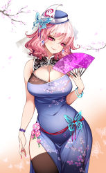Rule 34 | 1girl, absurdres, bracelet, breasts, brown thighhighs, cherry blossoms, china dress, chinese clothes, cleavage, cleavage cutout, clothing cutout, colored eyelashes, commentary request, covered navel, cowboy shot, dress, earrings, folding fan, hand fan, hat, highres, jewelry, large breasts, looking at viewer, pink hair, pointy ears, raptor7, ribbon, saigyouji yuyuko, smile, solo, thighhighs, thighs, touhou, wide hips