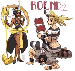 Rule 34 | 1boy, 2girls, :q, ankh, arm hair, bare shoulders, beowulf (skullgirls), black dress, black hair, blonde hair, bracer, breasts, cape, chair, circlet, cleavage, cuffs, dark skin, dress, egyptian, eliza (skullgirls), emlan, facial hair, folding chair, giant, giantess, green eyes, hagoromo, halterneck, height difference, high heels, horns, large breasts, looking down, microphone, midriff, multiple girls, pelt, pointy ears, ponytail, prison clothes, prisoner, scar, scythana, scythana (skullgirls), shackles, shawl, shoes, short hair, sideburns, single horn, sitting, sitting on person, skullgirls, smile, suspenders, the hurting, tongue, tongue out
