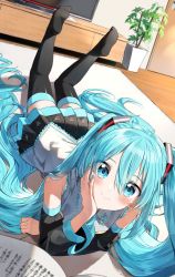 Rule 34 | 1girl, :t, bare shoulders, black thighhighs, blue eyes, blue hair, blue nails, blush, carpet, commentary, detached sleeves, dutch angle, eyes visible through hair, feet up, hair between eyes, hair spread out, hatsune miku, head rest, highres, indoors, long hair, long sleeves, looking at viewer, lying, nail polish, no shoes, on floor, on stomach, pentagon (railgun ky1206), plant, pleated skirt, potted plant, skirt, solo, television, thighhighs, twintails, very long hair, vocaloid, zettai ryouiki