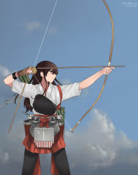 Rule 34 | akagi (kancolle), apron, archery, arrow (projectile), black thighhighs, bow (weapon), brown eyes, brown gloves, brown hair, cloud, cloudy sky, commentary request, cowboy shot, dated, day, flight deck, geta, gloves, hakama, hakama short skirt, hakama skirt, highres, japanese clothes, kantai collection, kuroinu9, kyuudou, long hair, long sleeves, machinery, mast, muneate, nontraditional miko, outdoors, partially fingerless gloves, profile, quiver, red skirt, rigging, single glove, skirt, sky, solo, straight hair, tasuki, thighhighs, weapon