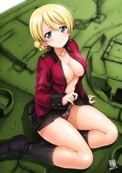 Rule 34 | 10s, 1girl, areola slip, black panties, blonde hair, blue eyes, boots, braid, clothes lift, darjeeling (girls und panzer), dated, french braid, girls und panzer, kamogawa tanuki, lifted by self, long sleeves, looking at viewer, military, military vehicle, motor vehicle, no bra, on vehicle, open clothes, panties, short hair, sitting, skirt, smile, solo, st. gloriana&#039;s military uniform, tank, thighs, unbuttoned, underwear