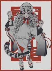 Rule 34 | 1girl, 2022, animal ears, black hair, border, chinese zodiac, hands up, limited palette, long sleeves, looking at viewer, multicolored hair, okayugohaaaaaan, open mouth, original, red border, solo, tail, tiger ears, tiger tail, two-tone hair, white hair, wide sleeves, year of the tiger