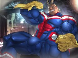 Rule 34 | 1boy, abs, absurdres, all might, artist name, bara, biceps, blonde hair, blue eyes, blurry, blurry background, bodysuit, boku no hero academia, bulge, clenched hand, covered erect nipples, feet out of frame, flexing, gloves, henry partum, highres, large bulge, large pectorals, looking at viewer, male focus, manly, mature male, muscular, muscular male, pectorals, short hair, signature, smile, smirk, solo, spiked hair, spread legs, teeth, thick arms, thick eyebrows, thick thighs, thighs, tight clothes, veins, veiny arms