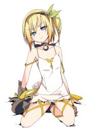 Rule 34 | 1girl, black hairband, blonde hair, blue eyes, blush, brown footwear, brown gloves, choker, closed mouth, collarbone, edna (tales), gloves, hairband, ixy, kneeling, looking at viewer, off shoulder, ribbon, shoes, short hair, side ponytail, simple background, single glove, solo, tales of (series), tales of zestiria, white background, yellow ribbon