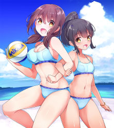 Rule 34 | 10s, 2girls, :d, ball, bare arms, bare shoulders, beach, bikini, blue bikini, blue sky, blush, breasts, brown eyes, brown hair, cleavage, cloud, cloudy sky, collarbone, commentary request, cousins, day, hair between eyes, halterneck, harukana receive, higa kanata, high ponytail, holding, holding ball, horizon, konnyaku (kk-monmon), large breasts, locked arms, long hair, looking at viewer, low twintails, mikasa sports, multiple girls, navel, ocean, oozora haruka (harukana receive), open mouth, outdoors, ponytail, sand, sky, small breasts, smile, standing, standing on one leg, swimsuit, tan, twintails, volleyball (object), water