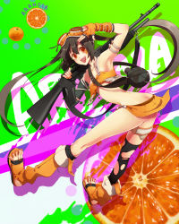 Rule 34 | 1girl, arancia, bad id, bad pixiv id, brown hair, butt crack, fingerless gloves, food, fruit, gloves, goggles, goggles on head, gun, highres, long hair, makoto (xtruth), midriff, nail polish, open mouth, orange (fruit), orange eyes, orange nails, orange skirt, original, shoes, skirt, solo, star (symbol), toeless footwear, toes, twintails, weapon
