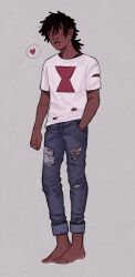 Rule 34 | 1boy, absurdres, adventure time, adventure time: fionna and cake, barefoot, black hair, blaye-art, dark-skinned male, dark skin, denim, full body, hair between eyes, hand in pocket, heart, highres, jeans, male focus, marshall lee, mole, mole on neck, pants, red eyes, shirt, short sleeves, simple background, toes, torn clothes, torn pants