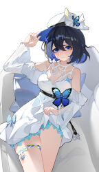 Rule 34 | 1girl, absurdres, bare shoulders, belt, black belt, black hair, blue eyes, blue hair, colored inner hair, cowboy shot, dress, hand up, highres, honkai (series), honkai impact 3rd, long sleeves, looking at viewer, multicolored hair, seele vollerei, seele vollerei (papilio lily), seele vollerei (swallowtail phantasm), short hair, simple background, solo, standing, thighs, white background, white dress, yuan zhen