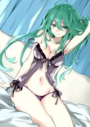 Rule 34 | 10s, 1girl, 7a61, absurdres, arm up, babydoll, bad id, bad pixiv id, blush, breasts, cleavage, date a live, green eyes, green hair, highres, lingerie, long hair, looking at viewer, matching hair/eyes, natsumi (date a live), panties, side-tie panties, sitting, smile, solo, strap slip, tsunako, underwear, very long hair