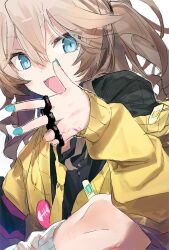 Rule 34 | 1girl, badge, bandaid, black shirt, blonde hair, blood, bloody weapon, blue eyes, blue nails, brass knuckles, button badge, cardigan, commentary, fang, hand up, highres, hitogome, kasukabe tsumugi, knee up, leg warmers, long hair, long sleeves, looking at viewer, looking to the side, loose necktie, messy hair, necktie, off shoulder, one side up, open cardigan, open clothes, open mouth, outline, shirt, simple background, skin fang, smile, solo, voicevox, w, weapon, white background, white outline, yellow cardigan, yellow necktie