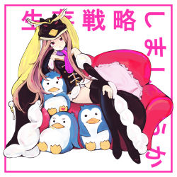 Rule 34 | 10s, 1girl, animal, animal hat, bad id, bad pixiv id, bird, black thighhighs, boots, bow, couch, crossed legs, elbow gloves, gloves, hat, long hair, long legs, long skirt, looking at viewer, m eme, mawaru penguindrum, orange hair, penguin, penguin 1-gou, penguin 2-gou, penguin 3-gou, princess of the crystal, red eyes, sitting, skirt, takakura himari, thigh boots, thighhighs
