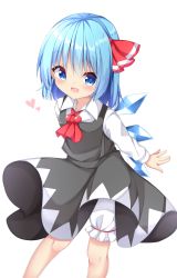 Rule 34 | 1girl, alternate costume, alternate headwear, arms behind back, ascot, black skirt, black vest, bloomers, blue eyes, blue hair, blush, cirno, contrapposto, cosplay, cowboy shot, cropped legs, fang, hair between eyes, hair ribbon, heart, highres, leaning forward, long sleeves, looking at viewer, open mouth, red ascot, ribbon, rumia, rumia (cosplay), sabana, shirt, short hair, simple background, skirt, skirt set, solo, standing, touhou, underwear, vest, white background, white shirt