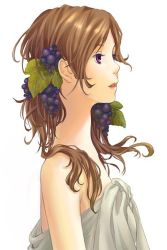 Rule 34 | 1girl, ayumi k, bare shoulders, brown hair, food, fruit, grapes, leaf, lips, looking afar, original, profile, purple eyes, simple background, sleeveless, solo, upper body, white background