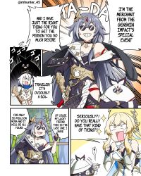Rule 34 | 3girls, :d, bird, blonde hair, chinese clothes, choker, comic, commentary, company connection, crossover, english commentary, english text, fu hua, fu hua (herrscher of sentience), genshin impact, grey hair, grin, hair between eyes, hair ornament, highres, honkai (series), honkai impact 3rd, long hair, long sleeves, mhunter 45, mihoyo, multiple girls, open mouth, paimon (genshin impact), short hair, short hair with long locks, sidelocks, smile, sunglasses, white hair