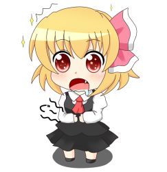 Rule 34 | 1girl, ascot, b.leaf, blonde hair, blush, chibi, drooling, embodiment of scarlet devil, fang, female focus, hair ribbon, hand on own stomach, hands on stomach, hungry, open mouth, red eyes, ribbon, rumia, shirt, short hair, skirt, skirt set, solo, sparkle, stomach growling, touhou, vest