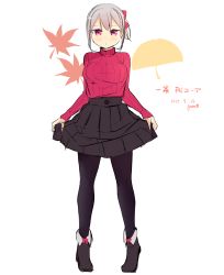 Rule 34 | artist name, clothes lift, dated, full body, garnet, gradient hair, hair ribbon, highres, lifted by self, looking at viewer, multicolored hair, original, pantyhose, red eyes, ribbed sweater, ribbon, short hair, silver hair, simple background, skirt, skirt lift, solo, standing, sweater
