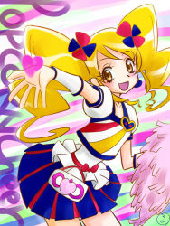 Rule 34 | 10s, 1girl, alternate costume, arm up, blonde hair, blue skirt, blush, bow, brooch, brown eyes, character name, cheerleader, cure honey, cure honey (popcorn cheer), english text, hair ornament, happinesscharge precure!, heart, heart brooch, kasuga rurito, long hair, magical girl, multicolored clothes, multicolored skirt, oomori yuuko, pom pom (cheerleading), precure, skirt, smile, solo, twintails, waist bow, wrist cuffs