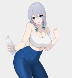 Rule 34 | 1girl, :d, absurdres, alternate costume, bare arms, bare shoulders, blue eyes, blue pants, blush, bottle, bow, braid, breasts, cleavage, collarbone, commentary, cowboy shot, crop top, green bow, grey hair, hair bow, hand up, head tilt, highres, holding, holding bottle, izayoi sakuya, jewelry, large breasts, leggings, medium hair, midriff, open mouth, pants, ring, smile, solo, sports bra, sportswear, standing, thighs, touhou, twin braids, umisaki, water bottle