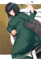 Rule 34 | 1girl, ass, aster crowley, black hair, breasts, covered navel, curvy, dress, fubuki (one-punch man), glowing, glowing eyes, green dress, green eyes, highres, jewelry, large breasts, medium hair, necklace, one-punch man, open mouth, parted lips, pearl necklace, short hair, solo, taut clothes, taut dress