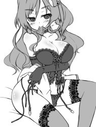 Rule 34 | 1girl, bare shoulders, blush, bra, breasts, choker, cleavage, condom, condom in mouth, condom wrapper, corset, elbow gloves, gin (shioyude), gloves, greyscale, kochiya sanae, lace, lace-trimmed legwear, lace trim, large breasts, long hair, monochrome, mouth hold, panties, side-tie panties, sitting, smile, solo, thighhighs, touhou, underwear, underwear only, untied