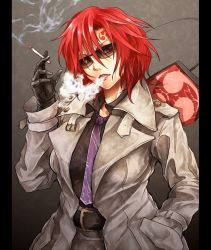 Rule 34 | 1girl, belt, black gloves, cigarette, coat, facial mark, gloves, hand in pocket, horikawa raiko, looking at viewer, necktie, purple necktie, red eyes, red hair, ryuuichi (f dragon), shirt, solo, sunglasses, touhou, trench coat