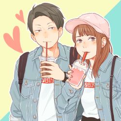 Rule 34 | 1boy, 1girl, backpack, bag, baseball cap, black hair, blunt bangs, brown hair, buttons, clothes writing, commentary request, cup, daishou suguru, denim, denim jacket, disposable cup, drinking, drinking straw, earrings, grey eyes, haikyuu!!, hat, heart, holding, holding cup, jacket, jewelry, laugh 111, long hair, long sleeves, looking at viewer, matching outfits, milkshake, nail polish, open clothes, open jacket, pink headwear, pink nails, shirt, shoulder bag, side-by-side, star (symbol), star earrings, white shirt, yamaka mika