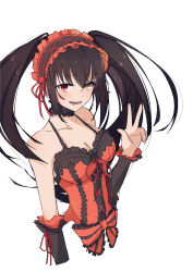 Rule 34 | 1girl, :d, absurdres, asymmetrical hair, black choker, black sleeves, breasts, brown hair, choker, cleavage, clock eyes, collarbone, cropped torso, date a live, detached sleeves, floating hair, hairband, halterneck, heterochromia, highres, lolita fashion, lolita hairband, long hair, medium breasts, nishizuki shino, open mouth, red eyes, red ribbon, ribbon, simple background, sketch, smile, solo, spaghetti strap, symbol-shaped pupils, tokisaki kurumi, twintails, upper body, very long hair, w, white background, yellow eyes
