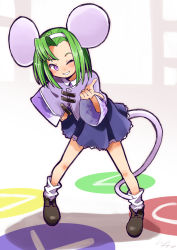 Rule 34 | 1girl, ;), animal ears, bent over, black footwear, brave fencer musashiden, capelet, circle, collared shirt, full body, green hair, hairband, hand on own hip, index finger raised, io naomichi, legs apart, long sleeves, loose socks, mouse ears, mouse tail, one eye closed, playstation symbols, purple capelet, purple eyes, purple shirt, shirt, shoes, short hair, single hair intake, smile, socks, solo, square, standing, tail, topo (musashiden), triangle, white hairband, white legwear, wide sleeves