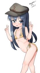 Rule 34 | absurdres, akatsuki (kancolle), anchor symbol, bikini, black hair, black hat, blue eyes, breasts, dated, double v, feet out of frame, flat cap, gold bikini, hat, highres, kantai collection, leaning forward, looking at viewer, maru (marg0613), one-hour drawing challenge, side-tie bikini bottom, small breasts, swimsuit, twitter username, v, white background