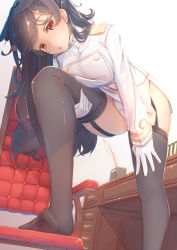 Rule 34 | 1girl, animal ears, atago (azur lane), azur lane, black hair, blush, book, breasts, ceiling, chair, desk, epaulettes, feet, garter straps, gloves, hand on leg, hand on own thigh, hand on thigh, highres, indoors, jacket, large breasts, leaning forward, lips, long hair, long sleeves, looking at viewer, medium breasts, military, military uniform, miniskirt, mole, mole under eye, naval uniform, no shoes, office chair, on chair, parted lips, pencil skirt, quill, skindentation, skirt, solo, standing, standing on chair, swivel chair, tatapopo, thighhighs, toes, uniform, white gloves, white jacket