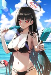 Rule 34 | 1girl, absurdres, bikini, black bikini, black hair, blue archive, blue sky, blush, breasts, bright pupils, collarbone, creatures (company), double popsicle, food, game freak, hair ornament, hairclip, halo, highres, holding, holding food, holding popsicle, large breasts, long hair, navel, naze236, nintendo, ocean, poke ball, pokemon, popsicle, red eyes, rio (blue archive), sky, solo, swimsuit, very long hair, white pupils
