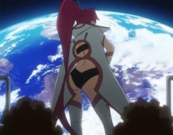 Rule 34 | 00s, animated, animated gif, ass, bouncing breasts, breasts, cleavage, curvy, earth (planet), female focus, large breasts, legs, long hair, ponytail, red hair, smile, space, space yoko, tengen toppa gurren lagann, thighhighs, thighs, white legwear, yoko littner