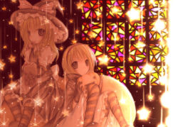 Rule 34 | 2girls, alice margatroid, apron, blonde hair, blue dress, blue eyes, brown eyes, capelet, dress, female focus, frills, hat, indoors, kasuga sunao, kirisame marisa, looking at viewer, mouth hold, multiple girls, stained glass, standing, star (symbol), touhou, waist apron, witch hat