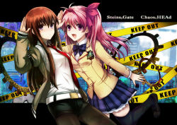 Rule 34 | 00s, 2girls, 5pb., :d, bad id, bad pixiv id, black pantyhose, black thighhighs, blush, bow, brown hair, caution tape, chaos;head, company connection, crossover, hair ribbon, jacket, keep out, pantyhose under shorts, long hair, looking at viewer, makise kurisu, multiple girls, necktie, nitroplus, one side up, open mouth, pantyhose, pink eyes, pink hair, plaid, plaid skirt, purple eyes, red necktie, ribbon, sakihata rimi, school uniform, shorts, skirt, smile, steins;gate, thighhighs, uka (color noise), zettai ryouiki