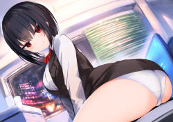 1girl, absurdres, amamitsu kousuke, arms between legs, ass, bangs, black hair, black skirt, black vest, blinds, building, business suit, city, closed mouth, collared shirt, cup, desk, eyebrows visible through hair, fisheye, formal, heart, highres, indoors, looking at viewer, monitor, night, non-web source, office lady, on desk, original, panties, red eyes, red neckwear, shirt, sitting, sitting on desk, skirt, smile, solo, suit, thighs, underwear, vest, white panties, white shirt, window
