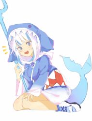 Rule 34 | 1girl, animal hood, blue eyes, blue hair, blue nails, blue tail, drawstring, fingernails, fins, fish tail, gawr gura, hand on own knee, highres, holding, holding trident, hololive, hololive english, hood, hood up, long sleeves, medium hair, multicolored hair, nail polish, polearm, shark girl, shark hood, shark tail, sharp teeth, simple background, sitting, solo, stitches, streaked hair, tail, teeth, trident, two-tone hair, upper body, virno, virtual youtuber, weapon, white background, white hair