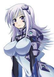 Rule 34 | 1girl, blush, bodysuit, breasts, covered navel, cryska barchenowa, headgear, highres, large breasts, light purple hair, long hair, looking at viewer, muv-luv, muv-luv alternative, muv-luv total eclipse, pilot suit, purple eyes, smile, solo, taturouxs, upper body, white background