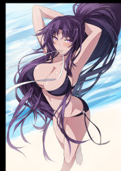 Rule 34 | 1girl, adjusting hair, arms up, bikini, blush, breasts, cleavage, decchi oyabun, highres, huge breasts, large breasts, long hair, md5 mismatch, mouth hold, o-ring, o-ring bottom, original, outdoors, ponytail, purple eyes, purple hair, resolution mismatch, smile, solo, source smaller, swimsuit, very long hair