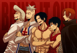Rule 34 | 5boys, bad id, bad pixiv id, beard, facial hair, freckles, grin, highres, honey bunny, jewelry, lineup, male focus, manly, marco (one piece), monkey d. luffy, multiple boys, muscular, necklace, one piece, open clothes, open shirt, portgas d. ace, red background, scar, shanks (one piece), shirt, smile, tattoo, thatch, topless male