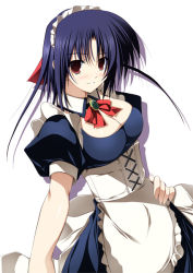 Rule 34 | 1girl, blue hair, blush, breasts, hand on own hip, hip focus, maid, red eyes, shadow, simple background, solo, yuuki makoto (radiant)