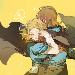 Rule 34 | 1boy, 1girl, ^^^, absurdres, blonde hair, blue tunic, blush, braid, cape, closed eyes, commentary, couple, crown braid, ear blush, earrings, floating cape, hair ornament, hairclip, heart, highres, hug, jewelry, link, long sleeves, low ponytail, nintendo, open mouth, parted bangs, pointy ears, princess zelda, short hair, short sleeves, spoken heart, the legend of zelda, the legend of zelda: tears of the kingdom, upper body, yellow background, yuno 11 02