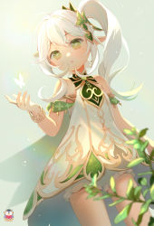 Rule 34 | 1girl, bloomers, blurry, blurry foreground, bracelet, bug, butterfly, cape, child, cowboy shot, cross-shaped pupils, detached sleeves, dress, genshin impact, green cape, green eyes, hair between eyes, hair ornament, hand up, highres, insect, jewelry, kamui (kamuikaoru), leaf, leaf hair ornament, long hair, nahida (genshin impact), parted lips, plant, pointy ears, side ponytail, sidelocks, sleeveless, sleeveless dress, solo, symbol-shaped pupils, underwear, white bloomers, white dress, white hair