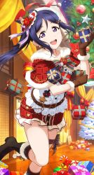 Rule 34 | 1girl, artist name, artist request, bare legs, belt, black footwear, blue hair, blush, boots, bow, bowtie, box, brown belt, brown gloves, buttons, capelet, center frills, checkered clothes, checkered skirt, christmas, christmas tree, collarbone, dress, earrings, female focus, floating hair, flower, frills, fur-trimmed capelet, fur-trimmed footwear, fur-trimmed gloves, fur trim, gift, gift box, gloves, green bow, hair between eyes, hair ornament, hat, hat flower, hat leaf, hat ribbon, high ponytail, highres, holding, holding gift, indoors, jewelry, leg ribbon, long hair, looking at viewer, love live!, love live! school idol festival, love live! sunshine!!, matsuura kanan, mini hat, mini top hat, miniskirt, parted lips, plaid, plaid dress, plaid skirt, pleated, pleated dress, pleated skirt, ponytail, purple eyes, purple ribbon, red capelet, red flower, red hat, red skirt, ribbon, santa dress, skirt, smile, socks, solo, standing, standing on one leg, star (symbol), star earrings, star print, suspenders, top hat, wavy hair, white dress, white skirt, x hair ornament, yellow flower