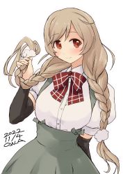 Rule 34 | 1girl, alternate breast size, arm warmers, artist name, bow, bowtie, braid, breasts, brown eyes, cloud hair ornament, dated, gradient hair, highres, kantai collection, large breasts, light brown hair, low twin braids, minegumo (kancolle), multicolored hair, owa (ishtail), plaid, plaid bow, plaid bowtie, pleated skirt, red bow, red bowtie, red eyes, shirt, short sleeves, simple background, skirt, solo, suspender skirt, suspenders, twin braids, white background, white shirt