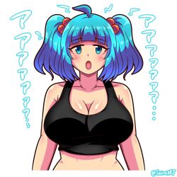Rule 34 | 1girl, ahoge, alternate costume, black tank top, blue eyes, blue hair, breasts, cleavage, commentary, english commentary, hair bobbles, hair ornament, highres, kawashiro nitori, large breasts, midriff, open mouth, seireiart, short hair, simple background, tank top, touhou, twitter username, two side up, upper body, white background